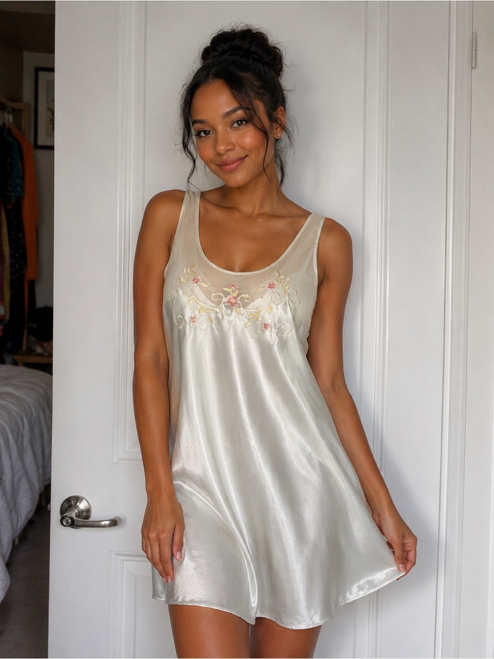 Ivory Satin Embroidered Sleep Chemise